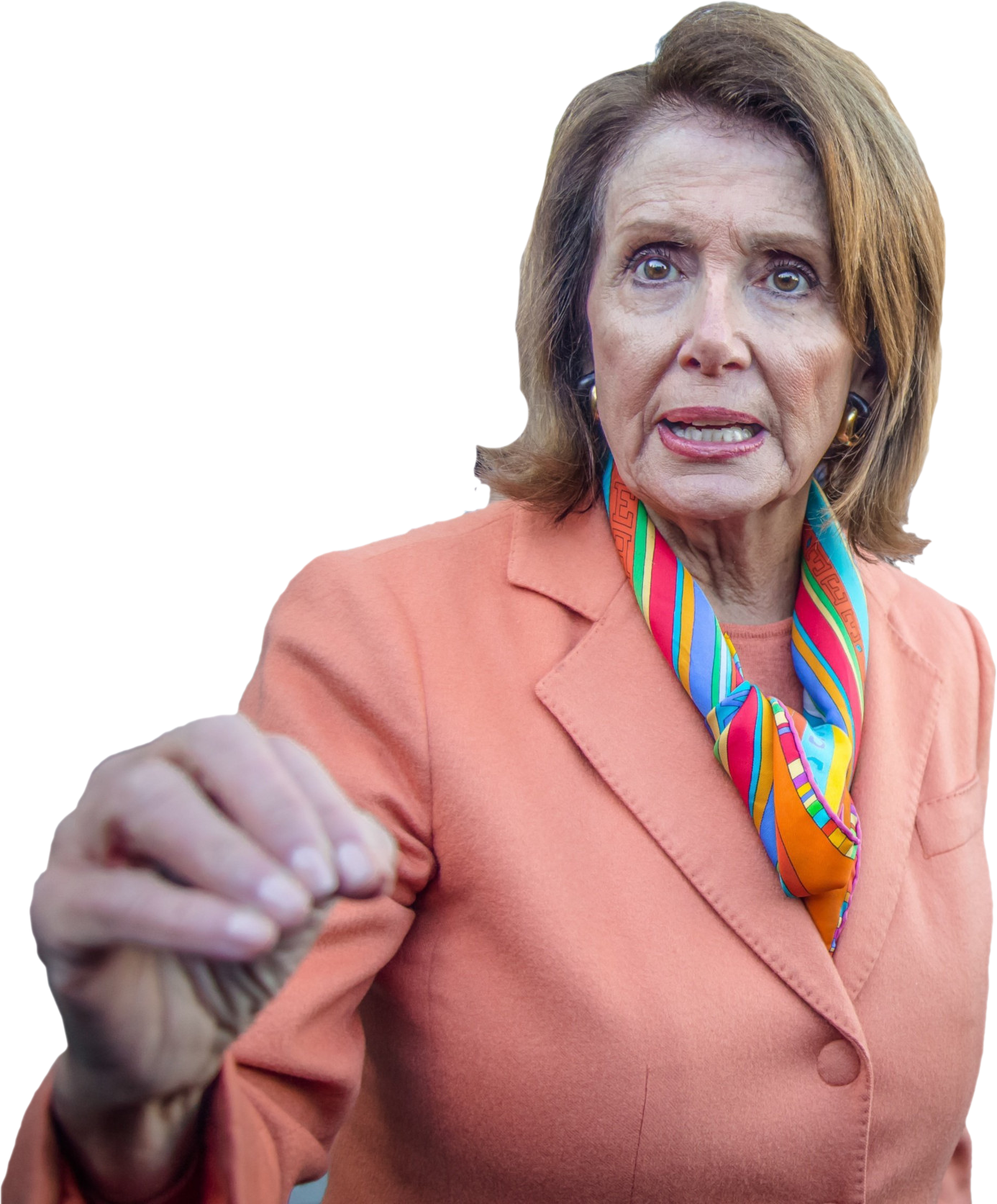 Pelosi-hand-out-peach-jacket